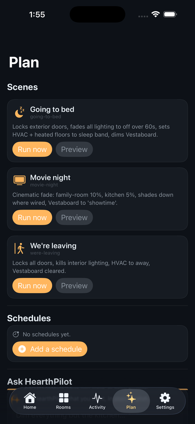 HearthPilot Plan tab — scenes 'Going to bed', 'Movie night', 'We're leaving' with descriptive AI-written actions
